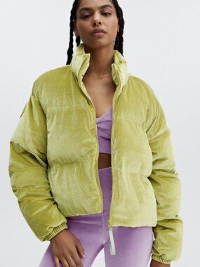 Fabletics Wander Velour Cropped Puffer Jacket Lime Green L XL